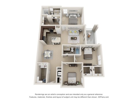 A 3D floor plan of a house with multiple rooms.